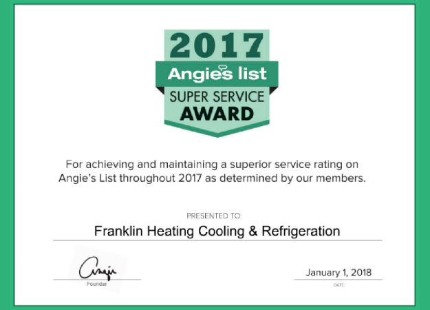 Franklin Heating Cooling & Refrigeration Earns Esteemed 2017 Angie's List Super Service Award